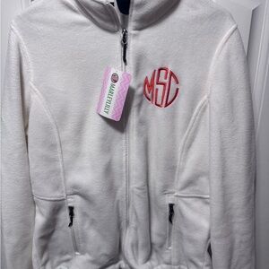 Monogrammed white fleece zip jacket